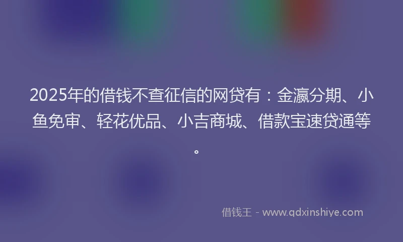 2025年的借钱不查征信的网贷有：金瀛分期、小鱼免审、轻花优品、小吉商城、借款宝速贷通等。