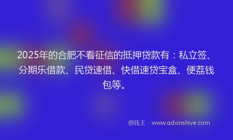 2025年的合肥不看征信的抵押贷款有：私立签、分期乐借款、民贷速借、快借速贷宝盒、便荔钱包等。