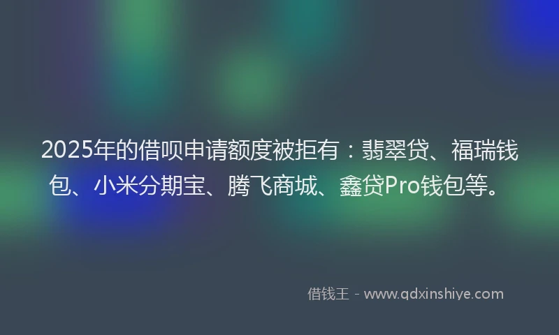 2025年的借呗申请额度被拒有：翡翠贷、福瑞钱包、小米分期宝、腾飞商城、鑫贷Pro钱包等。