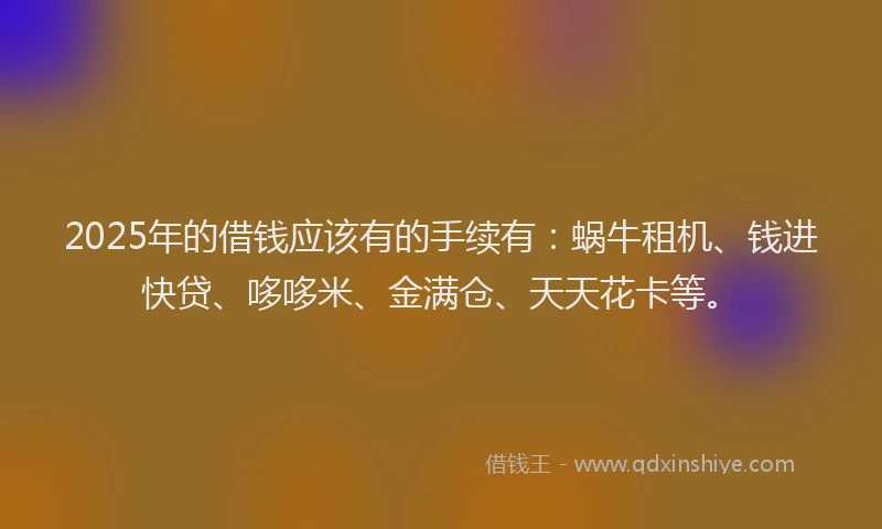 2025年的借钱应该有的手续有：蜗牛租机、钱进快贷、哆哆米、金满仓、天天花卡等。