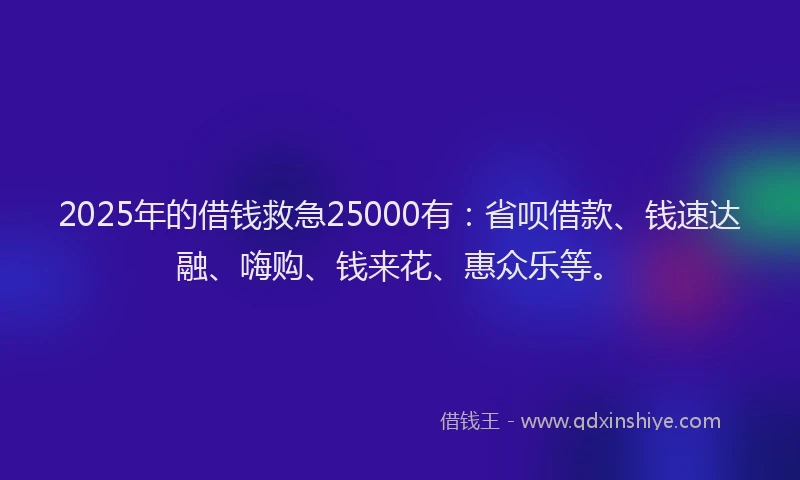 2025年的借钱救急25000有：省呗借款、钱速达融、嗨购、钱来花、惠众乐等。