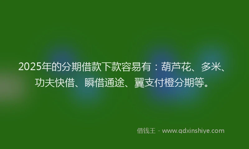 2025年的分期借款下款容易有：葫芦花、多米、功夫快借、瞬借通途、翼支付橙分期等。