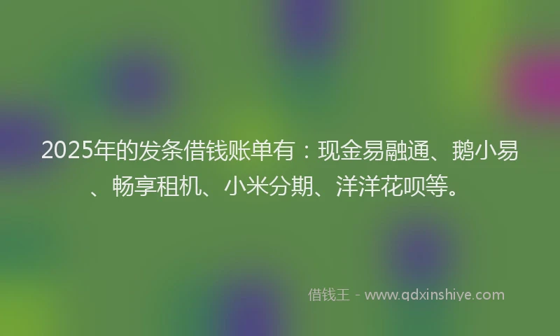2025年的发条借钱账单有:现金易融通、鹅小易、畅享租机、小米分期、洋洋花呗等。