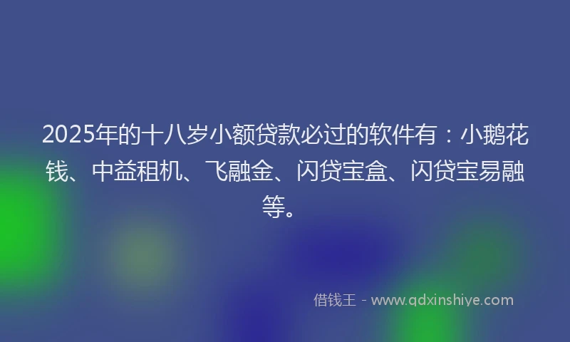 2025年的十八岁小额贷款必过的软件有：小鹅花钱、中益租机、飞融金、闪贷宝盒、闪贷宝易融等。