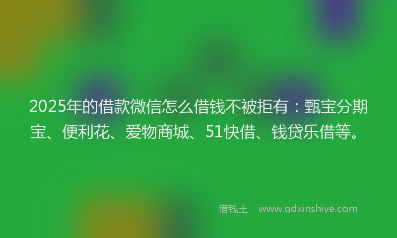 2025年的借款微信怎么借钱不被拒有：甄宝分期宝、便利花、爱物商城、51快借、钱贷乐借等。