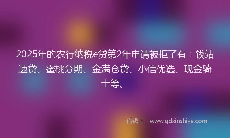 2025年的农行纳税e贷第2年申请被拒了有：钱站速贷、蜜桃分期、金满仓贷、小信优选、现金骑士等。