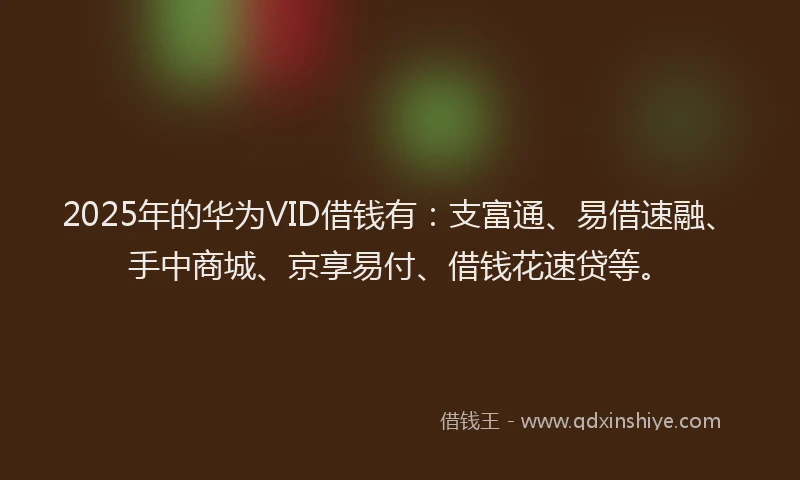 2025年的华为VID借钱有：支富通、易借速融、手中商城、京享易付、借钱花速贷等。