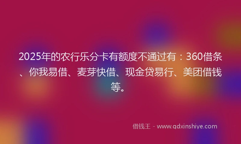 2025年的农行乐分卡有额度不通过有：360借条、你我易借、麦芽快借、现金贷易行、美团借钱等。