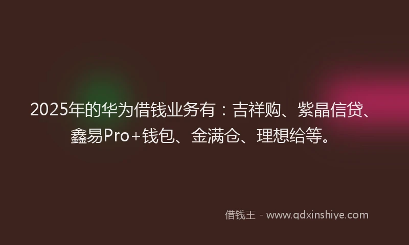 2025年的华为借钱业务有：吉祥购、紫晶信贷、鑫易Pro+钱包、金满仓、理想给等。