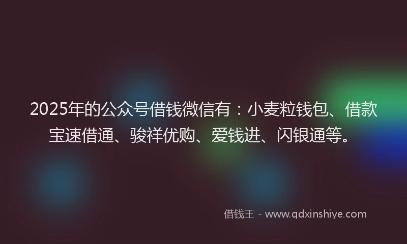 2025年的公众号借钱微信有：小麦粒钱包、借款宝速借通、骏祥优购、爱钱进、闪银通等。