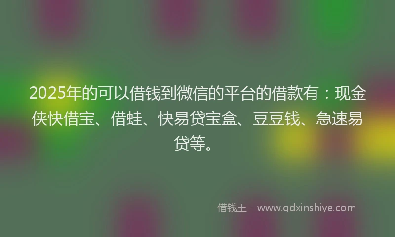 2025年的可以借钱到微信的平台的借款有：现金侠快借宝、借蛙、快易贷宝盒、豆豆钱、急速易贷等。