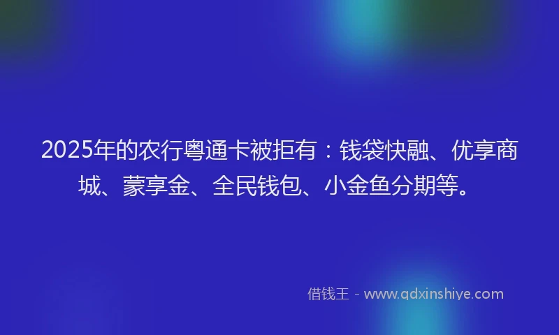 2025年的农行粤通卡被拒有：钱袋快融、优享商城、蒙享金、全民钱包、小金鱼分期等。