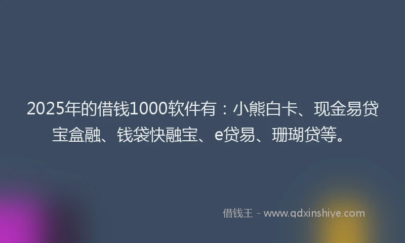 2025年的借钱1000软件有：小熊白卡、现金易贷宝盒融、钱袋快融宝、e贷易、珊瑚贷等。
