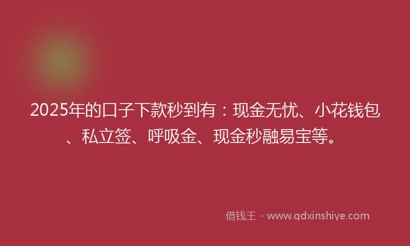 2025年的口子下款秒到有：现金无忧、小花钱包、私立签、呼吸金、现金秒融易宝等。