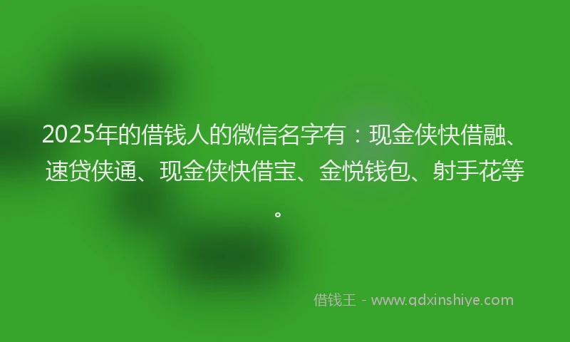 2025年的借钱人的微信名字有：现金侠快借融、速贷侠通、现金侠快借宝、金悦钱包、射手花等。