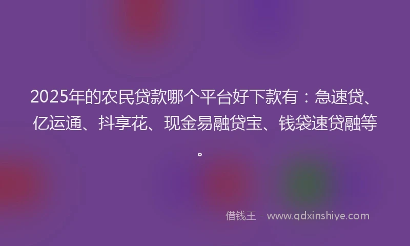 2025年的农民贷款哪个平台好下款有：急速贷、亿运通、抖享花、现金易融贷宝、钱袋速贷融等。