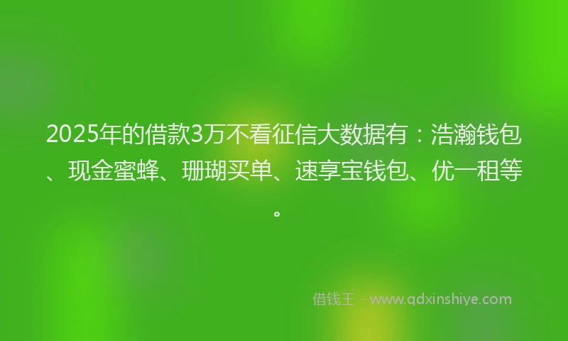 2025年的借款3万不看征信大数据有：浩瀚钱包、现金蜜蜂、珊瑚买单、速享宝钱包、优一租等。