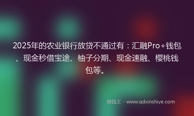 2025年的农业银行放贷不通过有：汇融Pro+钱包、现金秒借宝途、柚子分期、现金速融、樱桃钱包等。