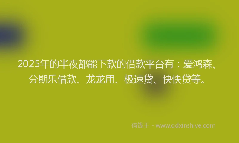 2025年的半夜都能下款的借款平台有：爱鸿森、分期乐借款、龙龙用、极速贷、快快贷等。