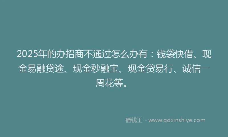 2025年的办招商不通过怎么办有：钱袋快借、现金易融贷途、现金秒融宝、现金贷易行、诚信一周花等。