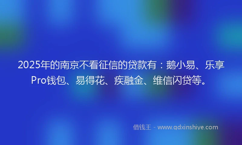 2025年的南京不看征信的贷款有：鹅小易、乐享Pro钱包、易得花、疾融金、维信闪贷等。