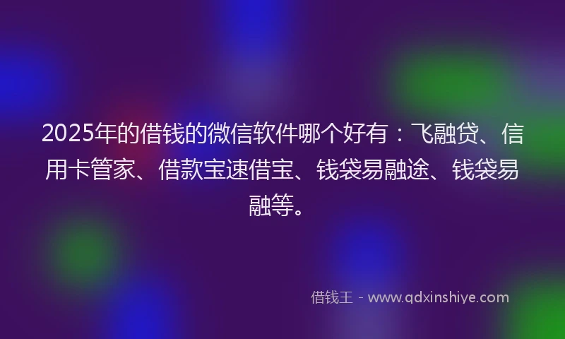 2025年的借钱的微信软件哪个好有：飞融贷、信用卡管家、借款宝速借宝、钱袋易融途、钱袋易融等。
