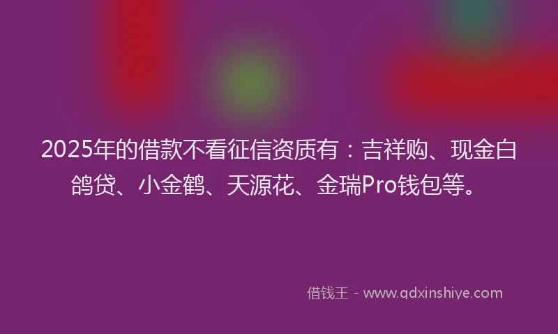2025年的借款不看征信资质有：吉祥购、现金白鸽贷、小金鹤、天源花、金瑞Pro钱包等。