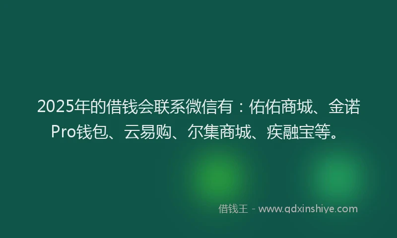 2025年的借钱会联系微信有：佑佑商城、金诺Pro钱包、云易购、尔集商城、疾融宝等。