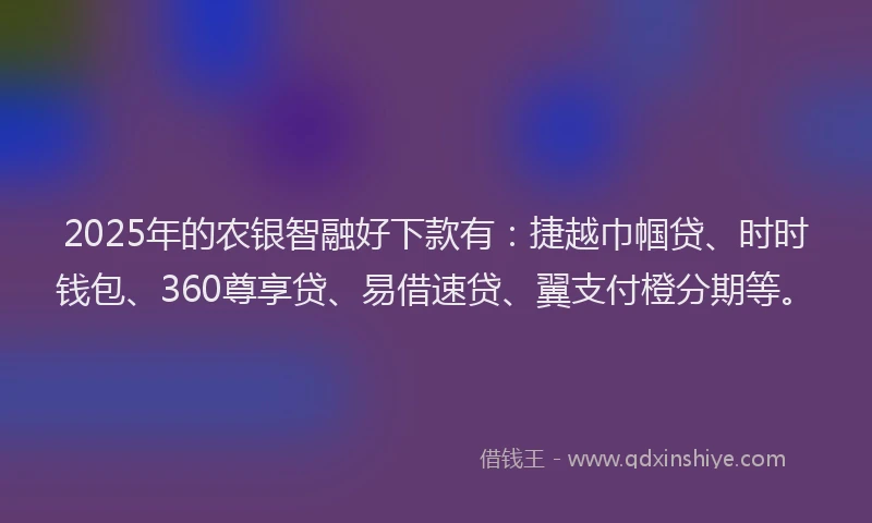 2025年的农银智融好下款有：捷越巾帼贷、时时钱包、360尊享贷、易借速贷、翼支付橙分期等。