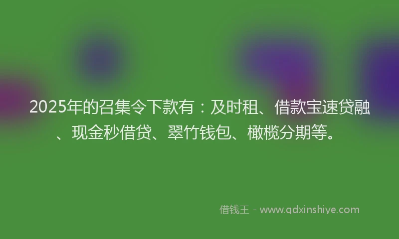 2025年的召集令下款有：及时租、借款宝速贷融、现金秒借贷、翠竹钱包、橄榄分期等。