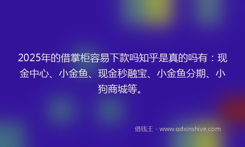 2025年的借掌柜容易下款吗知乎是真的吗有：现金中心、小金鱼、现金秒融宝、小金鱼分期、小狗商城等。