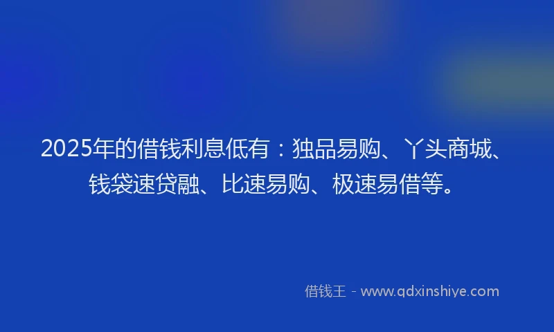 2025年的借钱利息低有：独品易购、丫头商城、钱袋速贷融、比速易购、极速易借等。