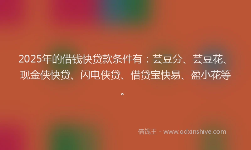 2025年的借钱快贷款条件有：芸豆分、芸豆花、现金侠快贷、闪电侠贷、借贷宝快易、盈小花等。