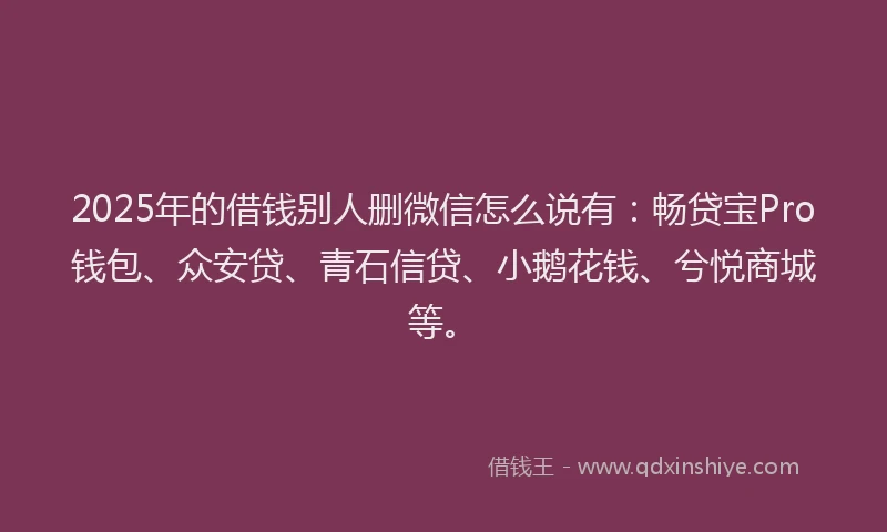 2025年的借钱别人删微信怎么说有：畅贷宝Pro钱包、众安贷、青石信贷、小鹅花钱、兮悦商城等。