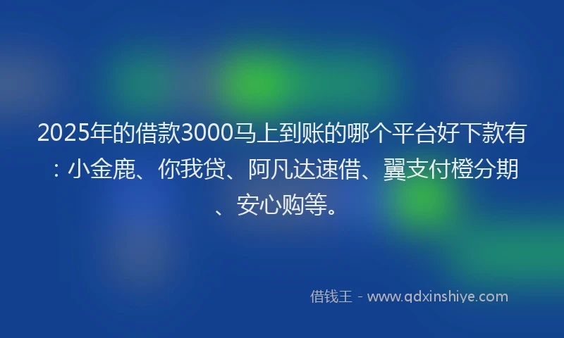 2025年的借款3000马上到账的哪个平台好下款有：小金鹿、你我贷、阿凡达速借、翼支付橙分期、安心购等。