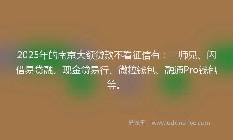 2025年的南京大额贷款不看征信有：二师兄、闪借易贷融、现金贷易行、微粒钱包、融通Pro钱包等。