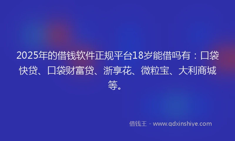 2025年的借钱软件正规平台18岁能借吗有：口袋快贷、口袋财富贷、浙享花、微粒宝、大利商城等。
