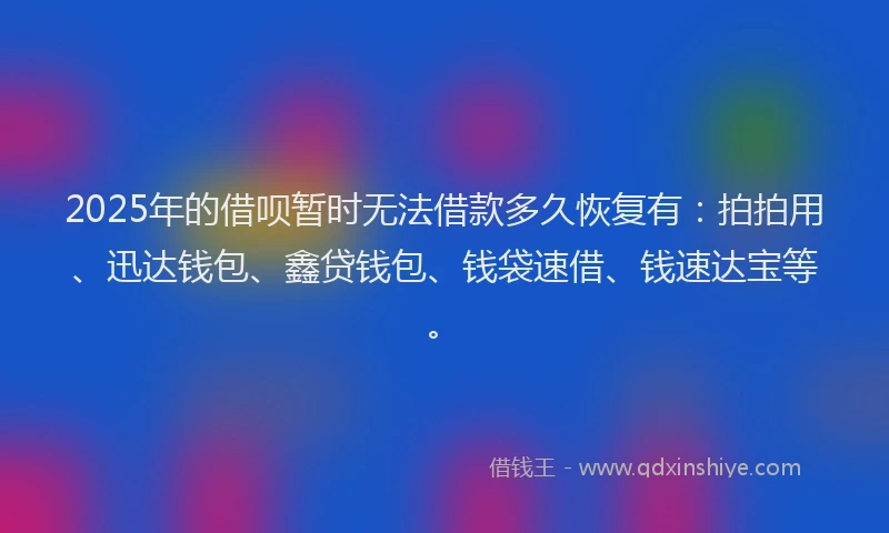 2025年的借呗暂时无法借款多久恢复有：拍拍用、迅达钱包、鑫贷钱包、钱袋速借、钱速达宝等。