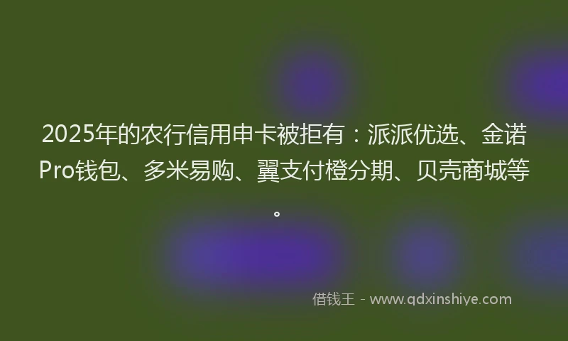 2025年的农行信用申卡被拒有：派派优选、金诺Pro钱包、多米易购、翼支付橙分期、贝壳商城等。