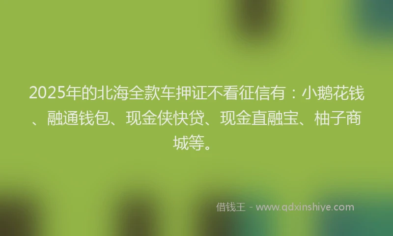 2025年的北海全款车押证不看征信有：小鹅花钱、融通钱包、现金侠快贷、现金直融宝、柚子商城等。