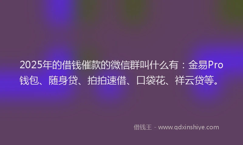 2025年的借钱催款的微信群叫什么有：金易Pro钱包、随身贷、拍拍速借、口袋花、祥云贷等。