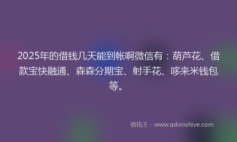 2025年的借钱几天能到帐啊微信有：葫芦花、借款宝快融通、森森分期宝、射手花、哆来米钱包等。