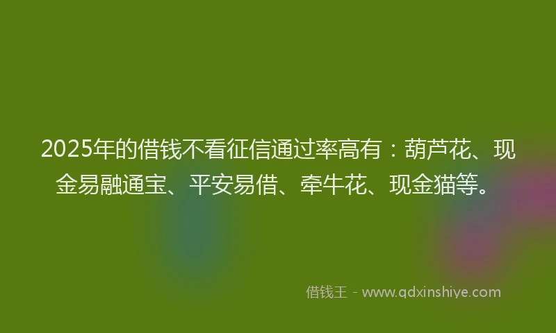 2025年的借钱不看征信通过率高有：葫芦花、现金易融通宝、平安易借、牵牛花、现金猫等。