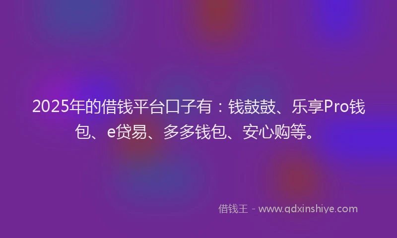 2025年的借钱平台口子有：钱鼓鼓、乐享Pro钱包、e贷易、多多钱包、安心购等。