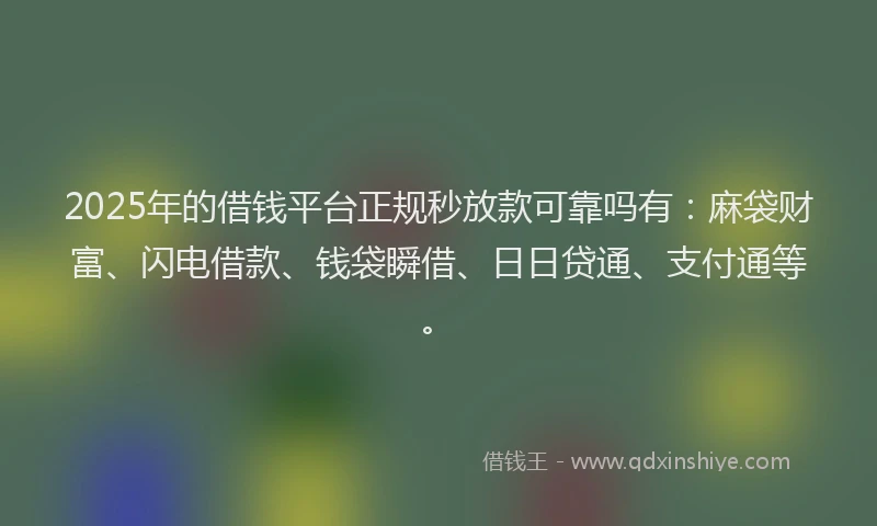 2025年的借钱平台正规秒放款可靠吗有：麻袋财富、闪电借款、钱袋瞬借、日日贷通、支付通等。