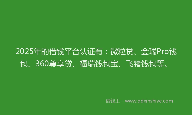 2025年的借钱平台认证有：微粒贷、金瑞Pro钱包、360尊享贷、福瑞钱包宝、飞猪钱包等。