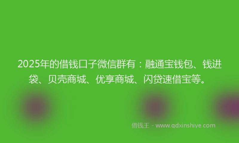 2025年的借钱口子微信群有：融通宝钱包、钱进袋、贝壳商城、优享商城、闪贷速借宝等。