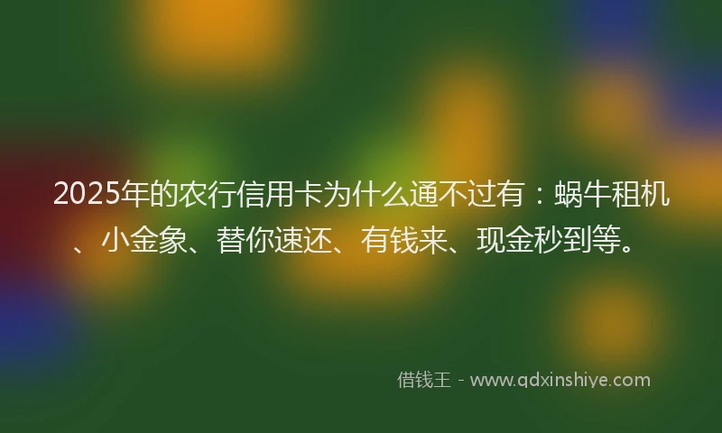 2025年的农行信用卡为什么通不过有：蜗牛租机、小金象、替你速还、有钱来、现金秒到等。