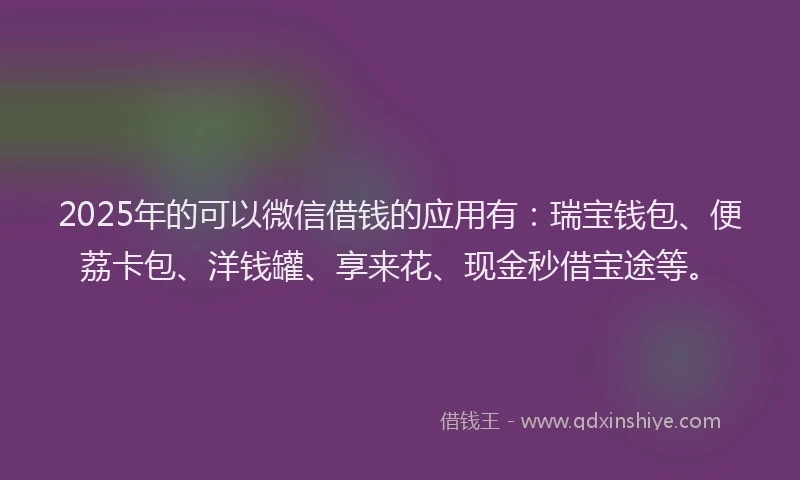 2025年的可以微信借钱的应用有：瑞宝钱包、便荔卡包、洋钱罐、享来花、现金秒借宝途等。
