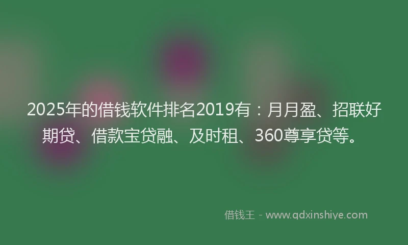 2025年的借钱软件排名2019有：月月盈、招联好期贷、借款宝贷融、及时租、360尊享贷等。
